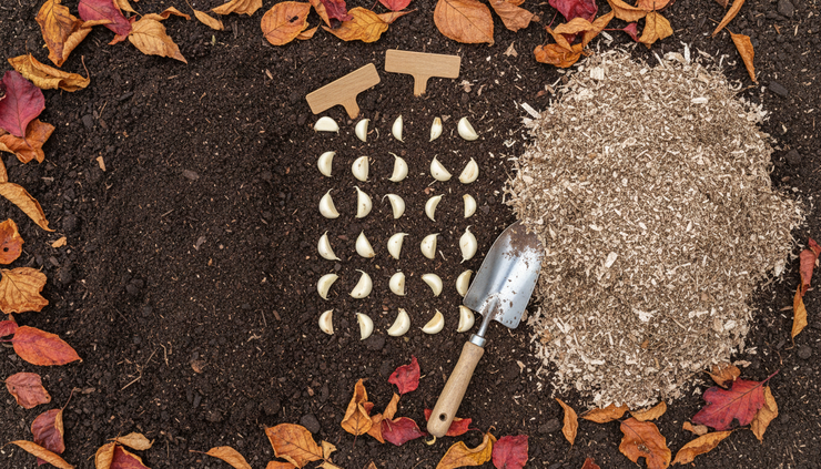 Overhead view of a prepared autumn garden bed with compost, mulch, garlic cloves, and garden tools.