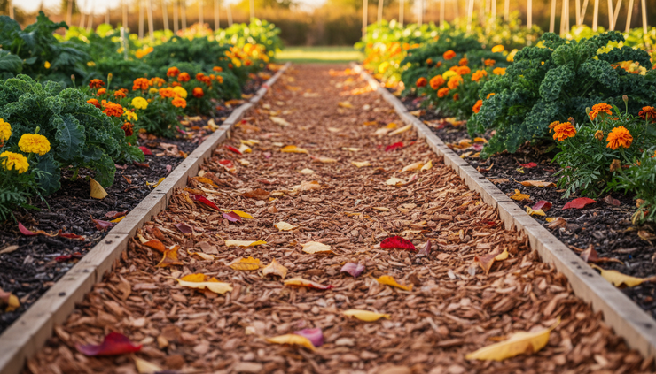 Eye-level view of a garden path covered with decorative wood chips beside mulched fall beds.