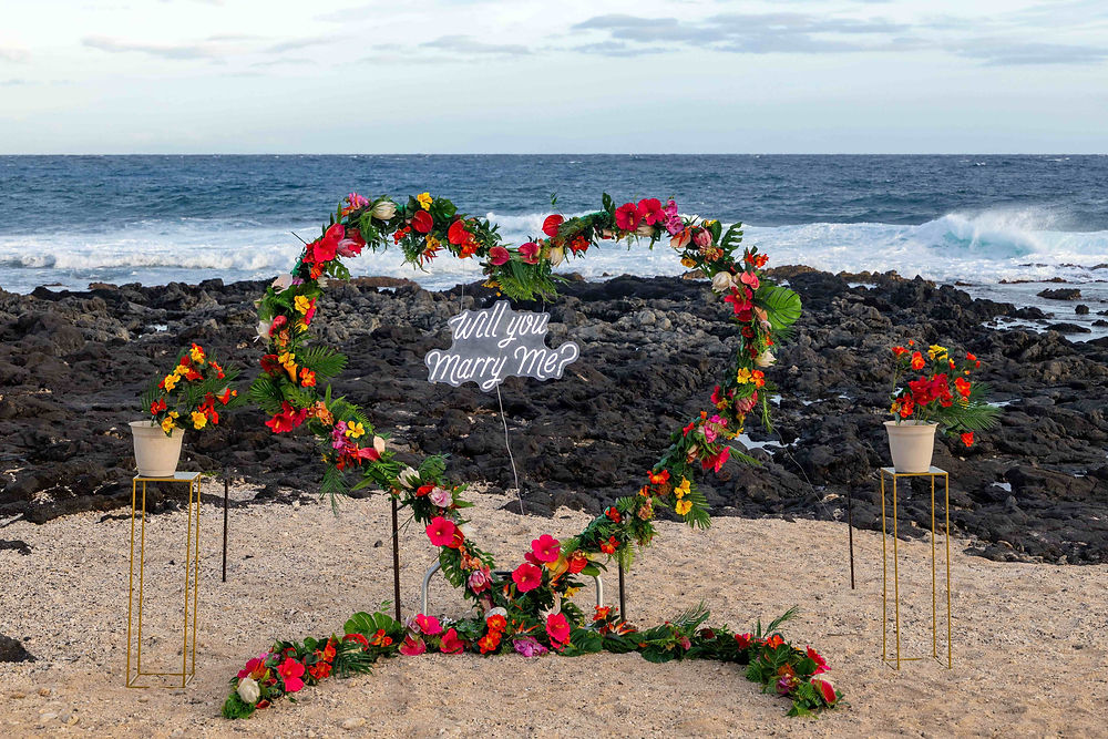 Guy proposing to his Fiance with Rabbit island in the background in Hawaii