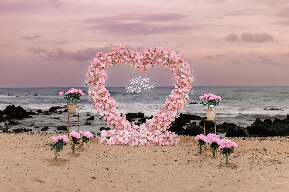 Guy proposing to his Fiance with Rabbit island in the background in Hawaii