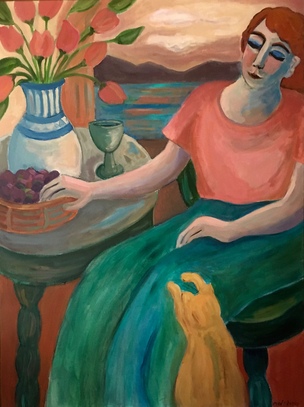 Woman with Tulips and Orange Cat