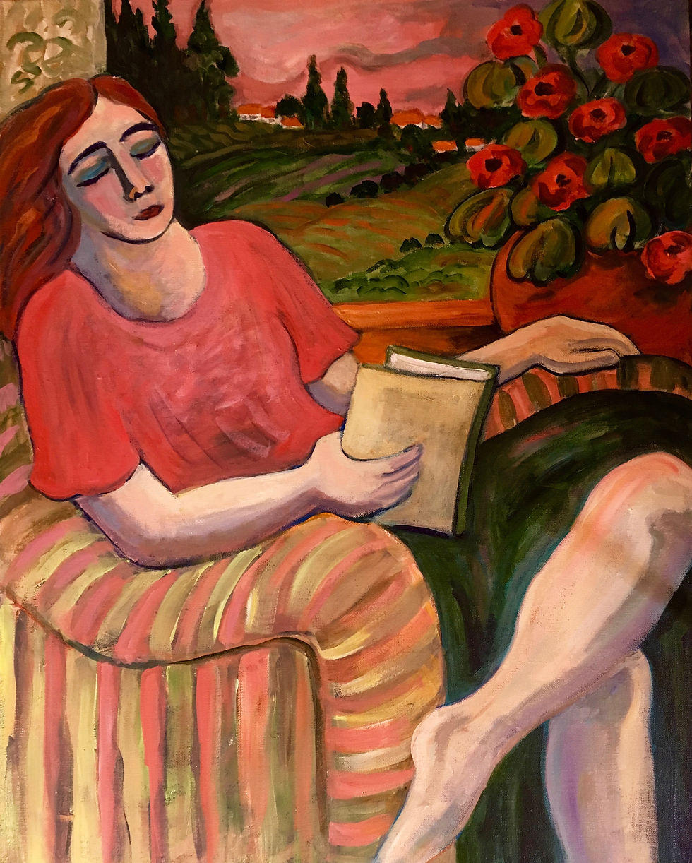 Woman Reading in Striped Chair