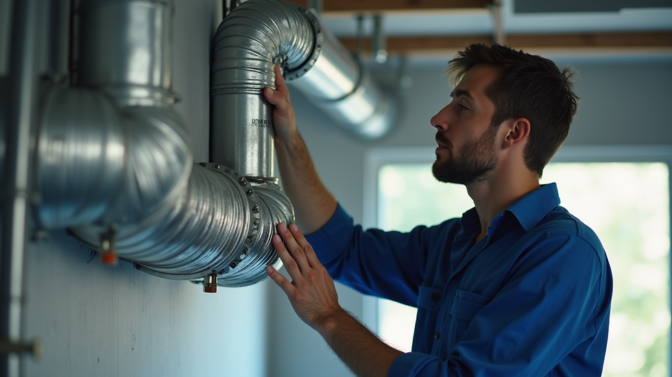 Close-up view of a technician installing ductwork in a commercial building