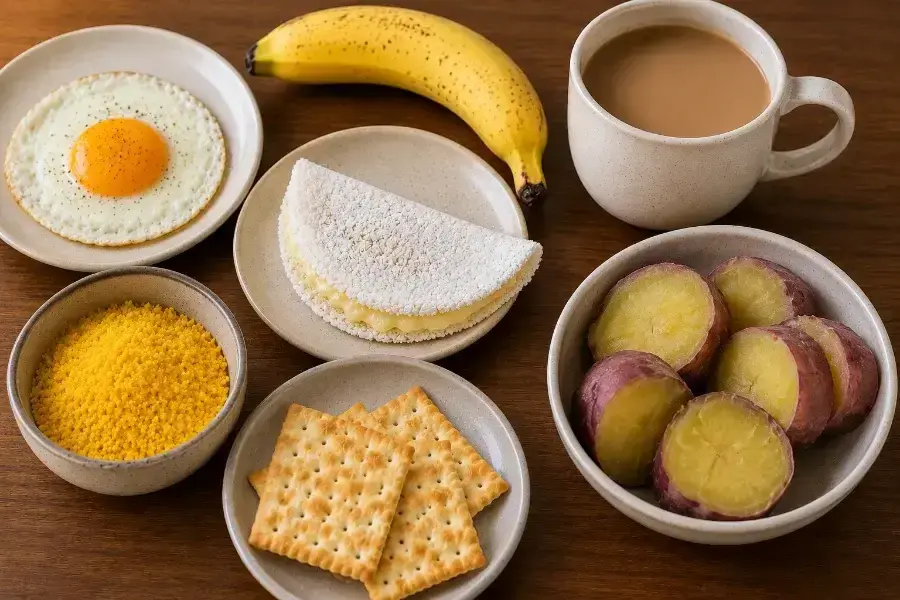 Foto de alimentos que costumam suscitar dúvidas com relação a triglicérides: ovo. farinha de milho, tapioca, banana, bolacha de água e sal, batata doce e café com leite