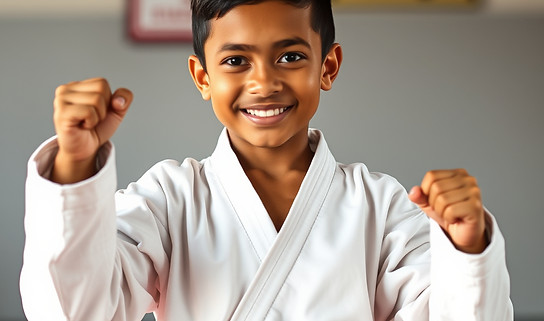 Young ethnic diverse Karate student prou