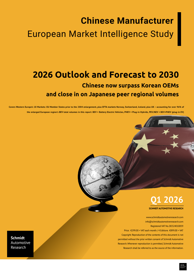 Orange report cover with Chinese-flag draped car beside a globe, titled Chinese Manufacturer European Market Intelligence Study, 2026 Outlook.