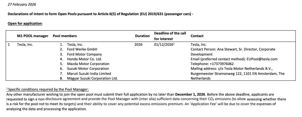 Text document titled "Declarations of intent to form Open Pools," featuring a table with pool members like Tesla, Ford, and Honda. Deadline: 01/12/2026.