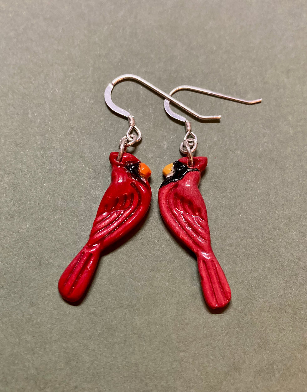 Cardinal Ceramic Dangle Earrings-Silver