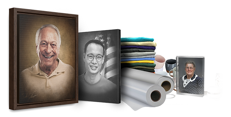 A collection promotional products including canvas and acrylic prints