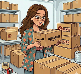 Mascote Bruna Matsumoto segurando uma caixa de redirecionamento de compras