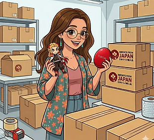 Mascote Bruna Matsumot segurando os produtos em destaque, anime e skincare
