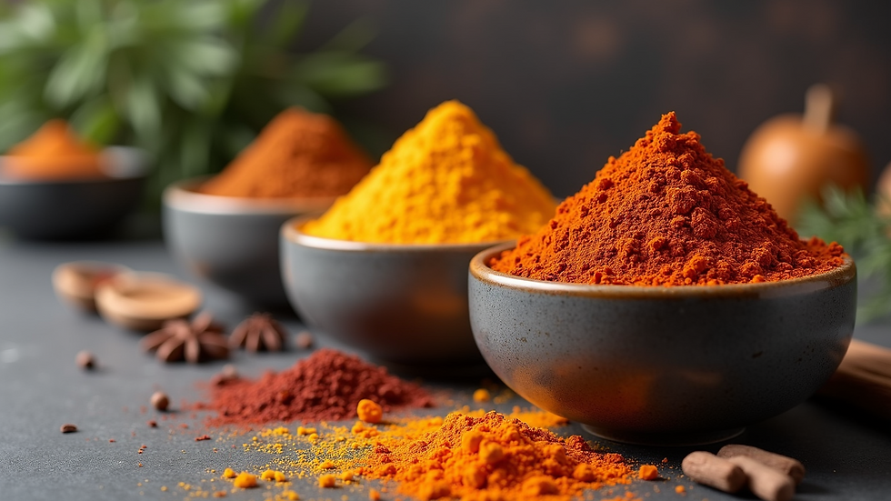 Vue rapprochée d’un assortiment coloré d’épices en poudre dans des bols en céramique