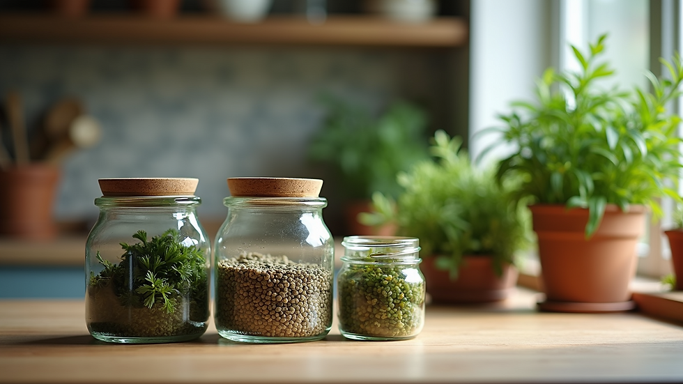 Eye-level view of a kitchen counter with jars of dried herbs and fresh herbs in pots