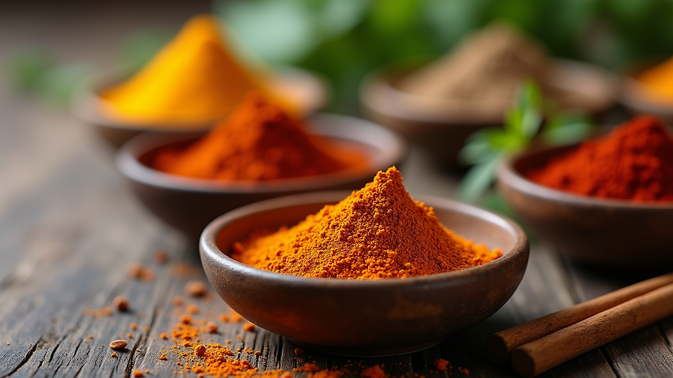 Close-up view of a variety of spices in small bowls