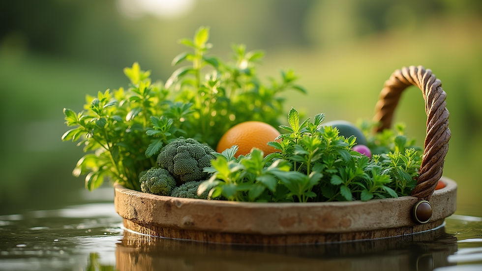 Vue en plongée d’un assortiment d’herbes fraîches dans un panier en osier