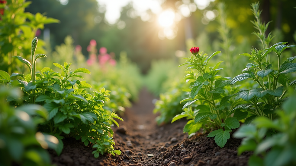 Eye-level view of a herb garden with various aromatic plants