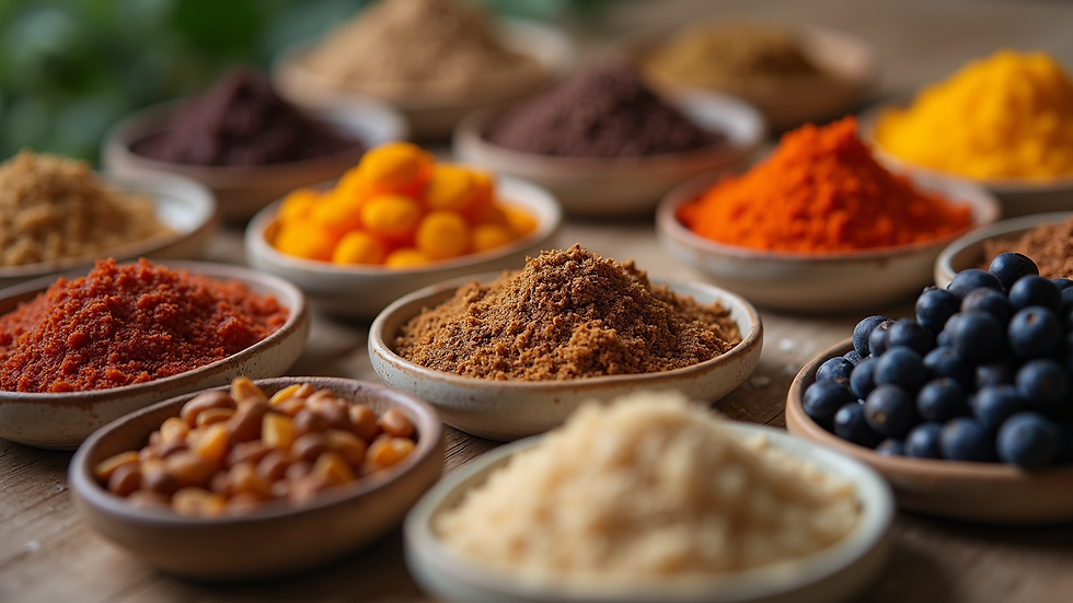 Vue en plongée d'un assortiment coloré d'épices dans des bols en céramique