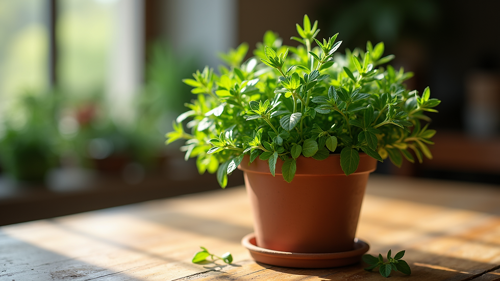 Vue en plongée d'un pot d'herbes aromatiques fraîches sur une table en bois