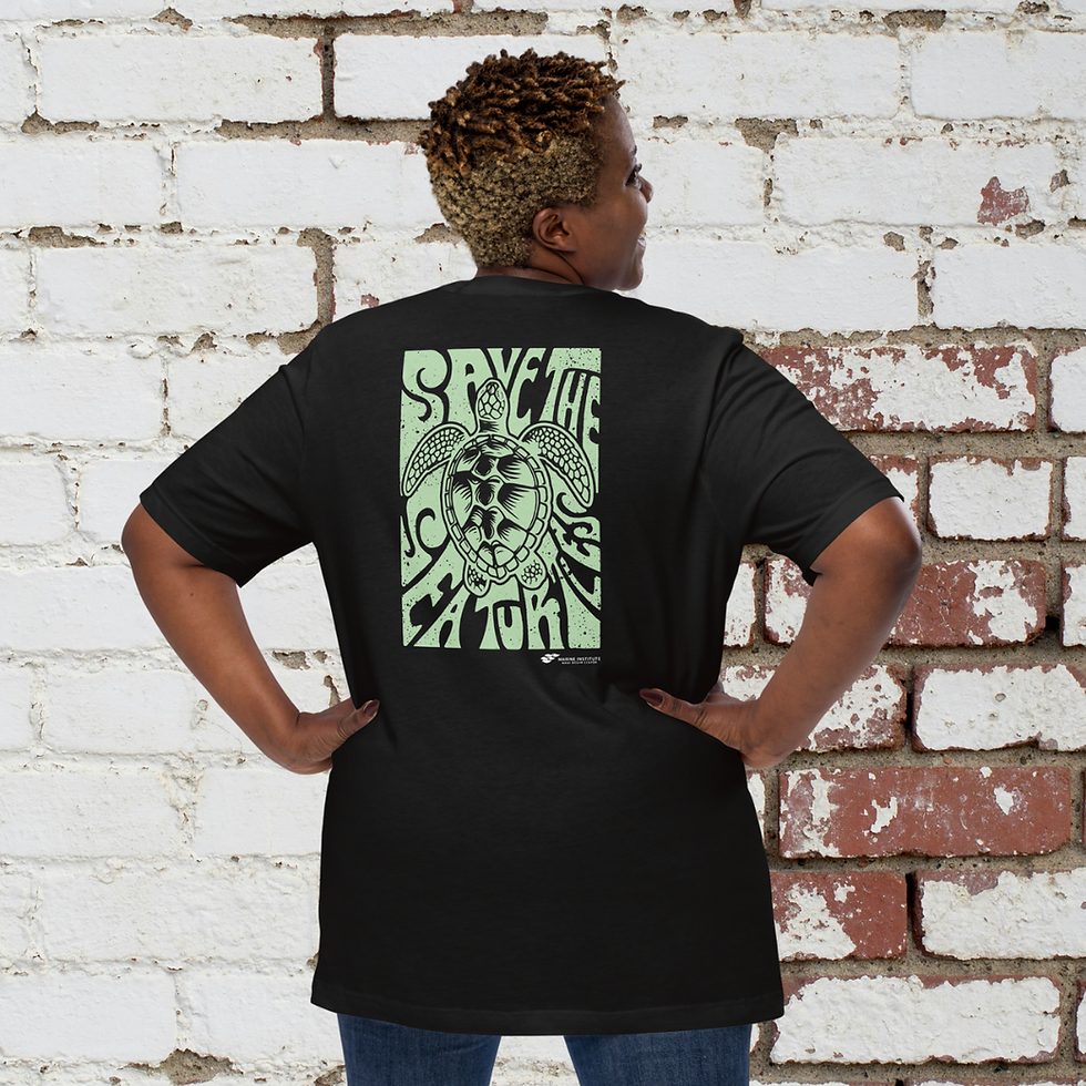 Thumbnail: Black T-Shirt with save the sea turtle in groovy green text. Back view.
