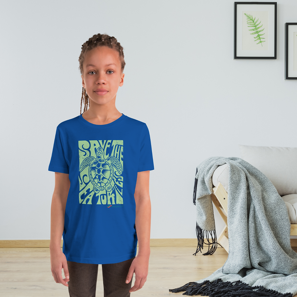 Royal blue youth t-shirt with groovy green save the sea turtle text. Front view.