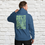 Thumbnail: Indigo blue hoodie back view, with save the sea turtle written in groovy green letters.