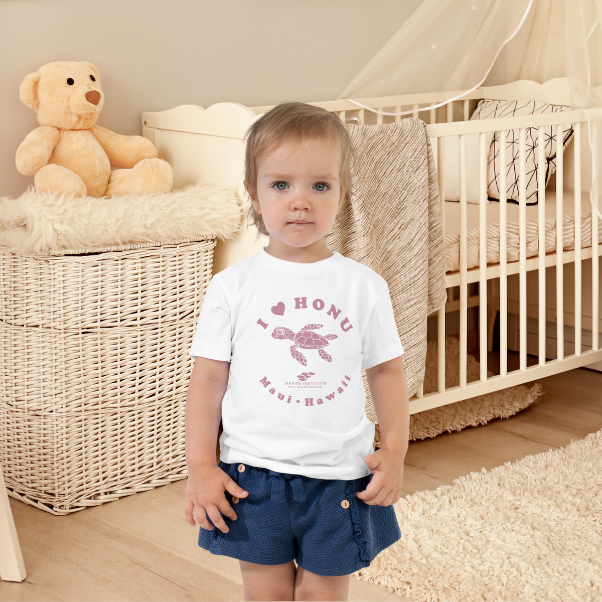 White Toddler T-Shirt with I Heart Honu Pink Logo. Front View.