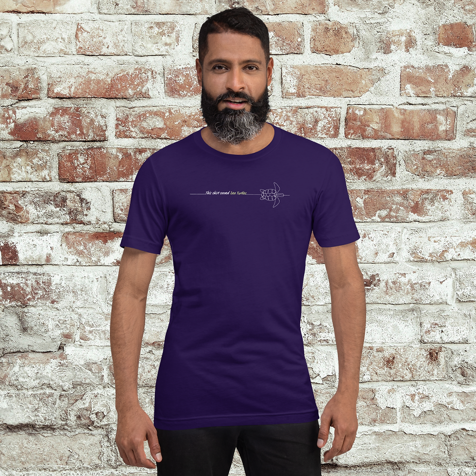 Purple T-Shirt with this shirt saved sea turtles text. Front view.