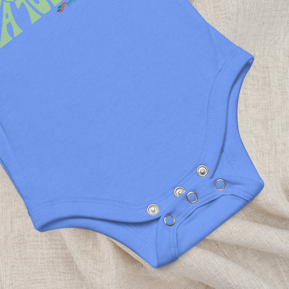 Thumbnail: Blue baby onesie with save the sea turtle written in groovy green. Front view of three silver snaps.