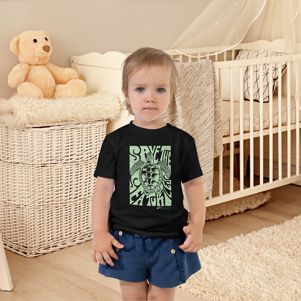 Thumbnail: Black Toddler T-Shirt with groovy green save the sea turtle text. Front View.