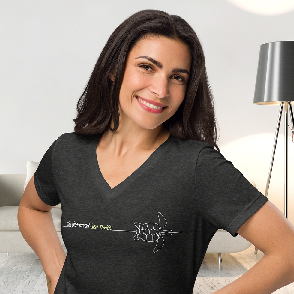 Thumbnail: Dark Grey V-Neck T-Shirt Front View, with the words this shirt saved sea turtles across the chest.