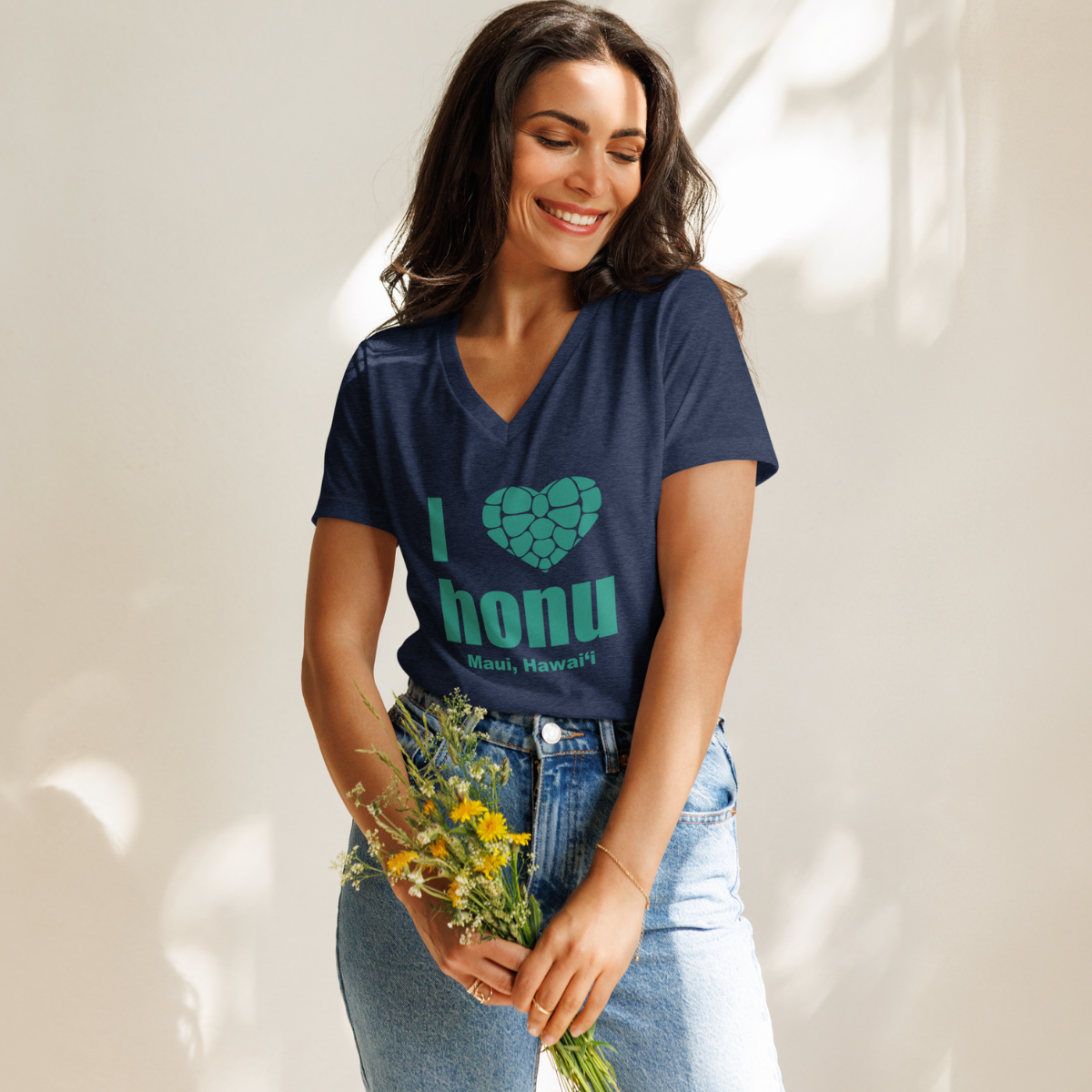 Navy t-shirt. Front view with I heart honu in green.