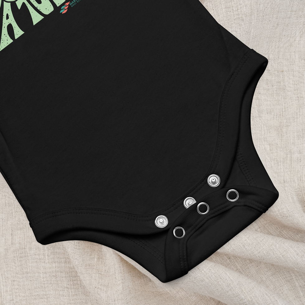 Black baby onesie with save the sea turtle written in groovy green. Front view of three silver snaps.