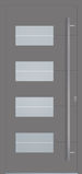 Grey door with four horizontal rectangular frosted glass windows