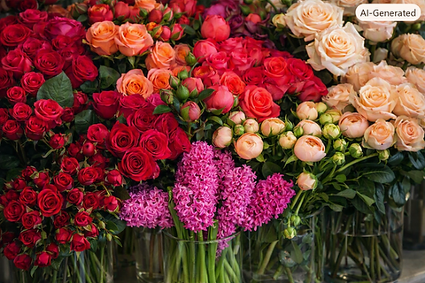 Colorful bouquets of roses and hyacinths in glass vases at a flower shop