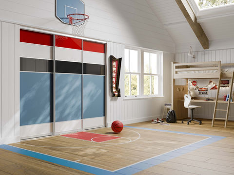 Playful bedroom with blue, red, and grey paneled sliding wardrobes