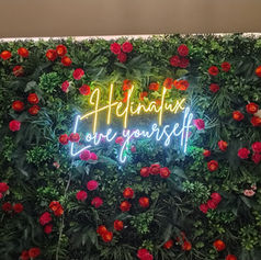 Elegant green and pink neon text sign mounted on a lush green ivy wall.
