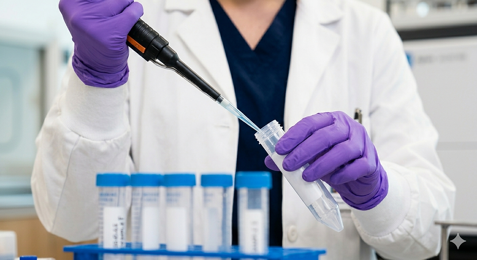 A scientist in a white lab coat and purple gloves uses a pipette to transfer liquid into a test tube, with more tubes in a rack nearby