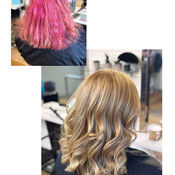 Caramel blonde hair with warm highlights styled straight