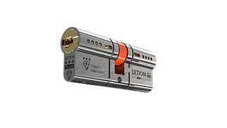 A shiny silver cylinder lock with red accents, engraved with Ultion branding and security markings