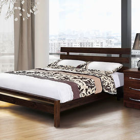 Dark stained wooden bed frame with horizontally slatted headboard detailing