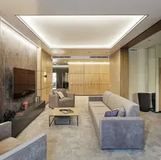 A modern office featuring sleek furniture and elegant wooden paneling, creating a stylish and professional atmosphere