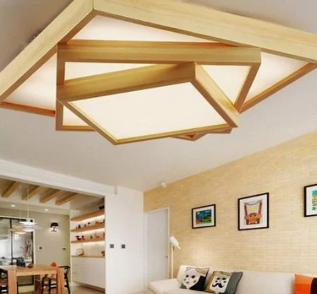 Modern wooden ceiling light fixture with a sleek design, illuminating a contemporary living space