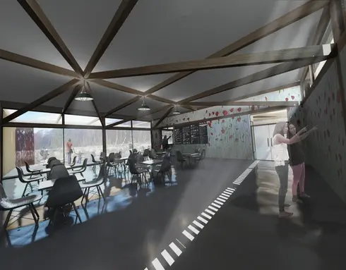 Modern cafe interior with wooden beams and large windows
