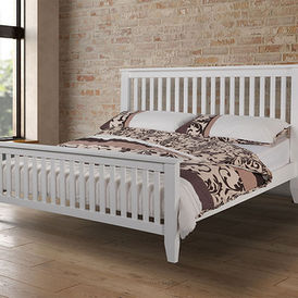 White painted wooden bed frame with a high slatted headboard and matching footboard