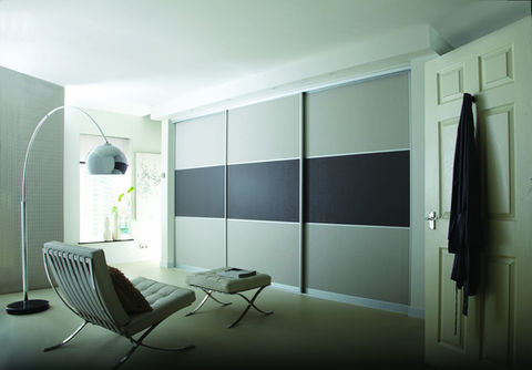 Modern white sliding wardrobes with a dark grey horizontal accent