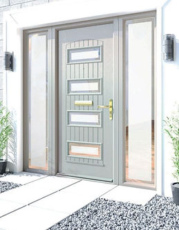 Modern gray front door with rectangular glass panels and gold handle, flanked by tall side windows