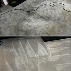 Side by side contrast of dark grey carpet showing a dramatic transformation after steam cleaning