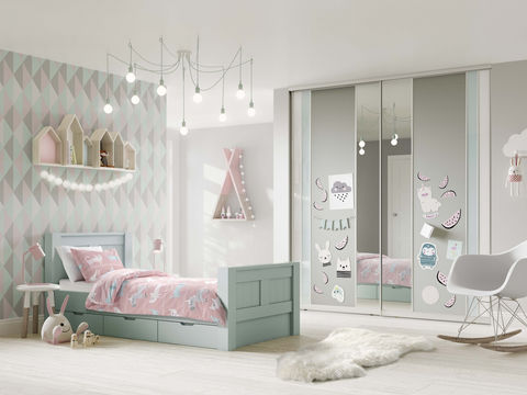 Kids' bedroom with grey and white sliding wardrobes and twin beds