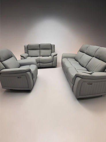 Gray leather recliner sofa set with matching loveseat and armchair