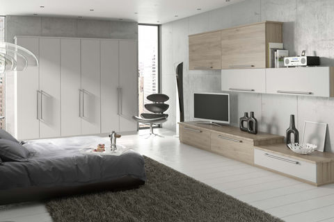 Modern living space with grey fitted wardrobes and a low media unit